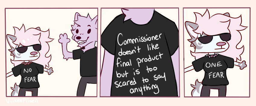 2023 absurd_res anthro canid canine clothed clothing comic digital_media_(artwork) duo english_text female fully_clothed grin hi_res male mammal meme signature smile text text_on_t-shirt viixenpiixen_(artist)