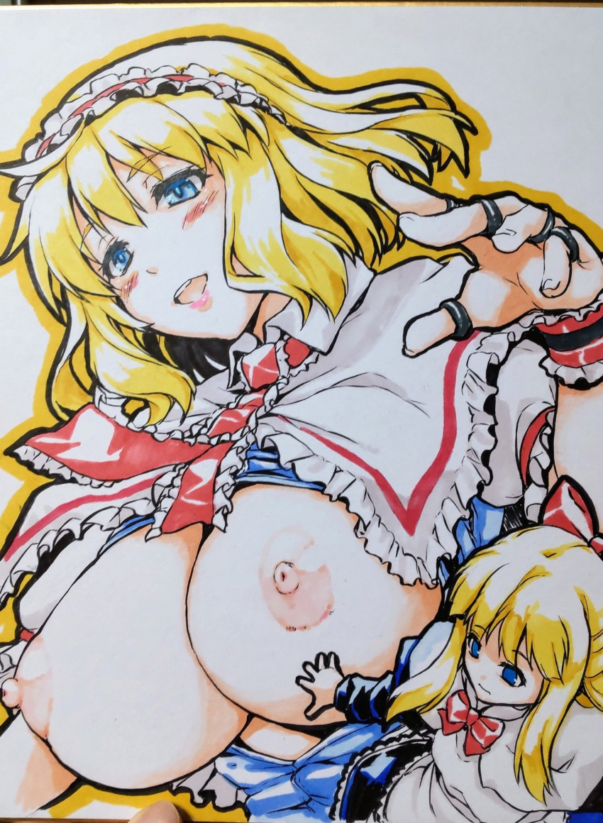 1girl alice_margatroid blonde_hair blue_eyes blush breasts breasts_out capelet eyes_visible_through_hair hairband highres marker_(medium) medium_breasts ouma_tokiichi red_sash sash shanghai_doll short_hair short_sleeves smile third-party_edit touhou traditional_media