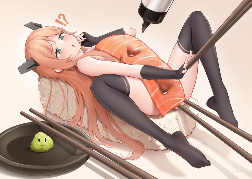 !? 1girl @_@ aqua_eyes black_gloves black_thighhighs blush chopsticks driftkingtw fingerless_gloves flat_chest food gloves headgear kantai_collection long_hair open_mouth orange_hair rice salmon_(kancolle) solo sushi thighhighs wasabi