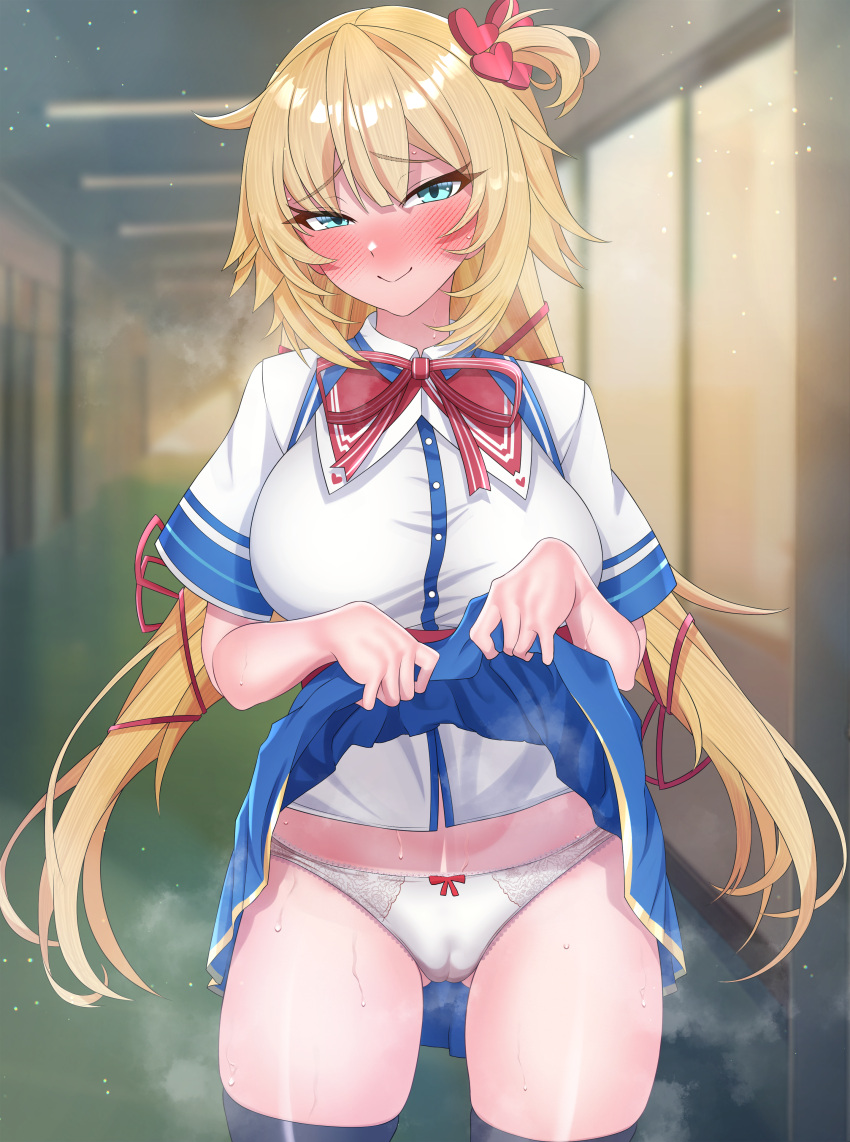 1girl absurdres akai_haato akai_haato_(1st_costume) black_thighhighs blonde_hair blue_eyes blush breasts clothes_lift collared_shirt hair_ornament hair_ribbon heart heart_hair_ornament highres hololive large_breasts lifted_by_self looking_at_viewer panties red_ribbon ribbon seisui_bar shirt side_ponytail skirt skirt_lift smile solo thighhighs twintails underwear virtual_youtuber white_panties white_shirt