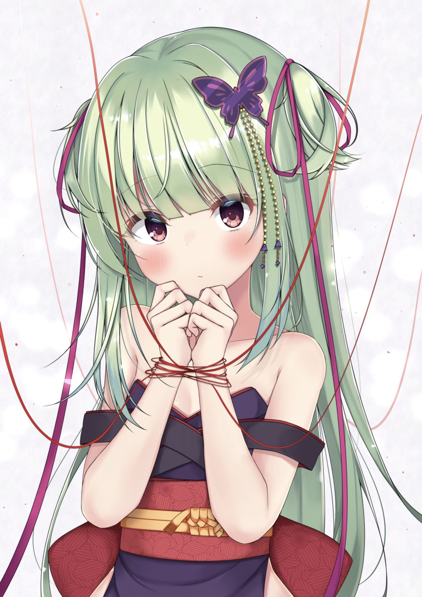 1girl bare_shoulders bell blunt_bangs blush bound bound_wrists breasts butterfly_hair_ornament clenched_hands closed_mouth collarbone commentary dress eyelashes eyes_visible_through_hair frown green_hair hair_bell hair_ornament hair_ribbon hands_up head_tilt highres hime_cut long_hair looking_at_viewer murasame_(senren) purple_dress purple_ribbon red_eyes red_ribbon ribbon senren_banka simple_background sleeveless sleeveless_dress small_breasts solo straight_hair two_side_up upper_body upturned_eyes very_long_hair white_background yosh1na
