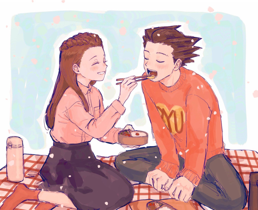 1boy 1girl ace_attorney alternate_costume bento blush braid brown_hair chopsticks closed_eyes collared_shirt couple feeding food hetero highres holding holding_chopsticks iris_(ace_attorney) long_hair long_sleeves open_mouth pants phoenix_wright phoenix_wright:_ace_attorney_-_trials_and_tribulations pink_shirt pink_sweater renshu_usodayo shirt short_hair sitting skirt smile spiked_hair sweater thermos