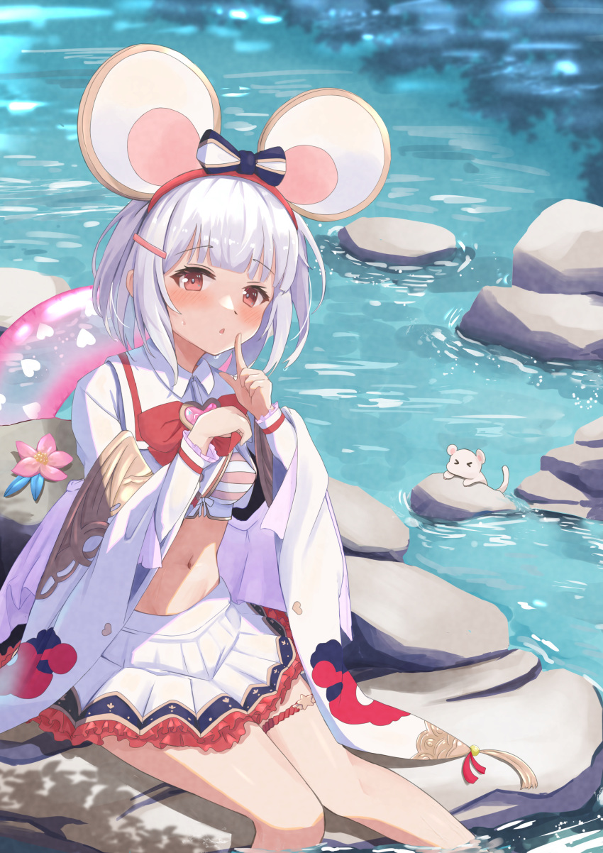 1girl absurdres animal_ears blush collared_shirt commentary cropped_shirt fake_animal_ears finger_to_mouth frilled_skirt frills granblue_fantasy highres index_finger_raised kuroliu_9021 long_sleeves looking_at_viewer midriff mouse mouse_ears navel neck_ribbon outdoors plaid plaid_skirt red_eyes red_ribbon ribbon shirt short_hair shushing skirt soaking_feet solo stream sweat symbol-only_commentary transparent_innertube vikala_(granblue_fantasy) white_hair white_skirt