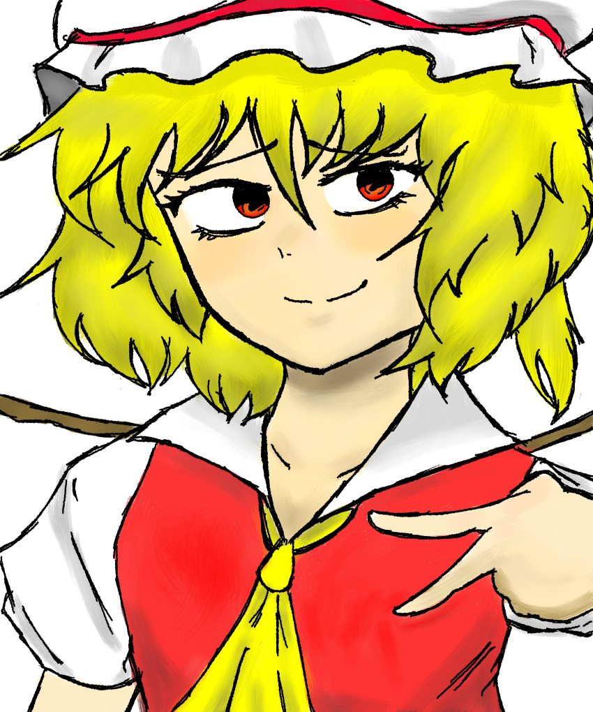 absurdres blonde_hair flandre_scarlet highres looking_to_the_side red_eyes red_shirt ribbon shirt smile smug tomino's_hell touhou v white_background yellow_ribbon