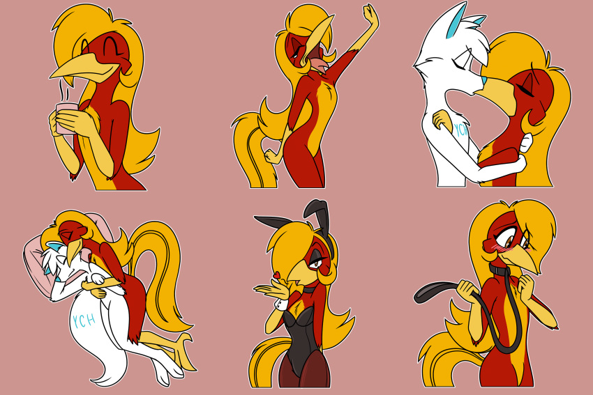 anthro avian beak bird bunny_costume chrysolophus clothing collar costume feathers galliform glori_gamebird golden_pheasant hair hi_res kissing leash long_hair long_tail phasianid red_body red_feathers spooning sticker_sheet tail whitephoenix52 yellow_beak yellow_body yellow_feathers