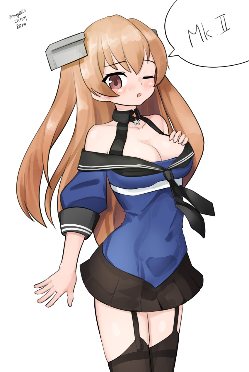 1girl absurdres black_sailor_collar black_skirt black_thighhighs blue_shirt breasts brown_eyes cleavage cowboy_shot garter_straps hair_ornament highres johnston_(kancolle) kantai_collection light_brown_hair long_hair looking_at_viewer maru_(marg0613) medium_breasts off-shoulder_shirt off_shoulder one-hour_drawing_challenge one_eye_closed pleated_skirt sailor_collar school_uniform serafuku shirt skirt solo speech_bubble thighhighs two_side_up