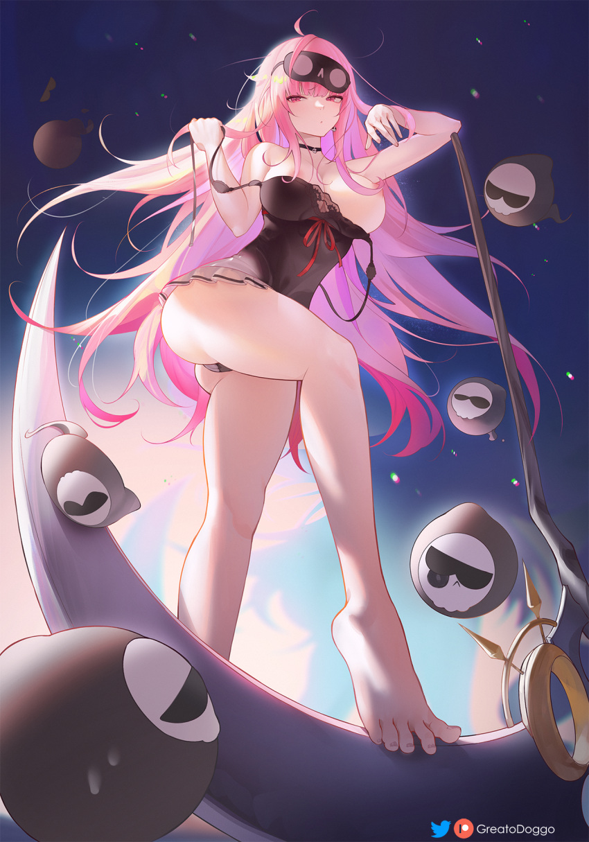 1girl areola_slip artist_name black_panties blunt_bangs blush breasts cameltoe deadbeat_(calliope_mori) greatodoggo highres hololive hololive_english large_breasts long_hair looking_at_viewer mori_calliope multicolored_hair nightgown panties patreon_logo pink_eyes pink_hair ribbon scythe sidelocks sleep_mask sleepwear solo thighs twitter_logo underwear virtual_youtuber