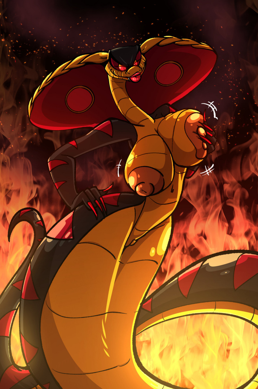 anthro apode big_breasts black_body black_scales breast_grab breasts cobra crossgender disney disney's_aladdin draconcopode female fire genitals hand_on_breast hi_res jafar_(disney) legless lips mtf_crossgender naga pussy red_eyes red_lips reptile sachasketchy scales scalie serpentine snake transformation