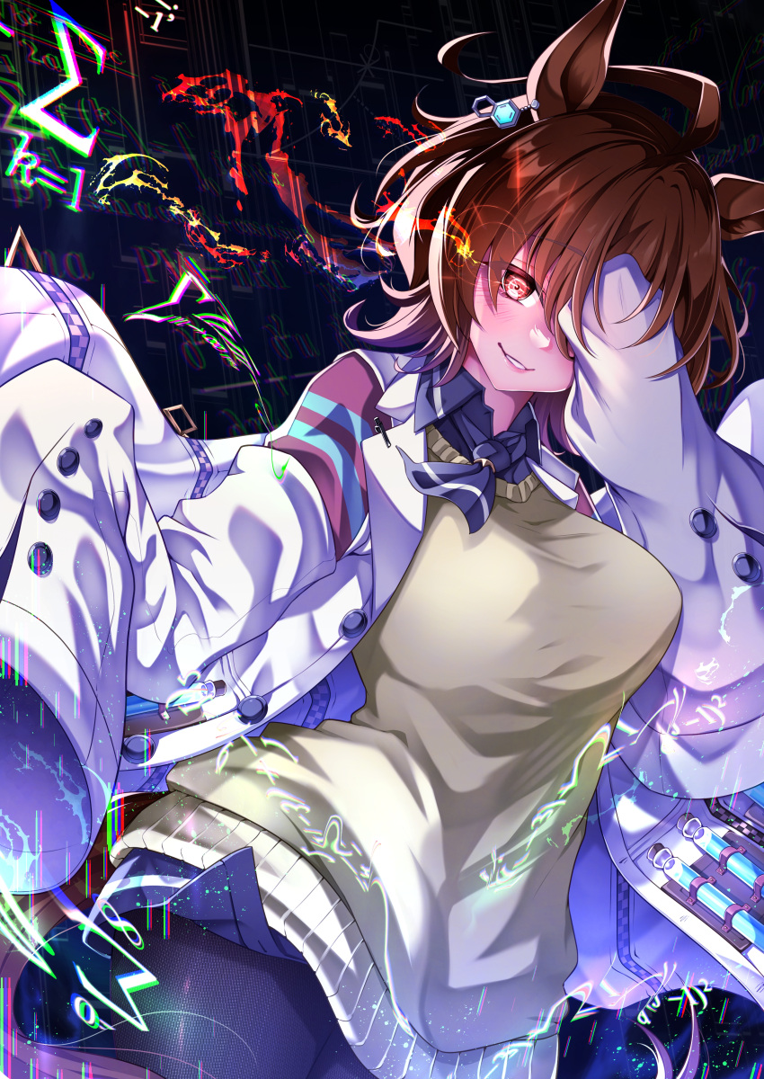 1girl absurdres agnes_tachyon_(umamusume) animal_ears brown_eyes brown_hair chemical_structure earrings eye_trail hair_between_eyes hand_over_eye hero_(10cl3) highres horse_ears horse_girl horse_tail jewelry lab_coat light_trail necktie one_eye_covered short_hair short_necktie single_earring sleeves_past_fingers sleeves_past_wrists solo sweater tail test_tube umamusume yellow_sweater