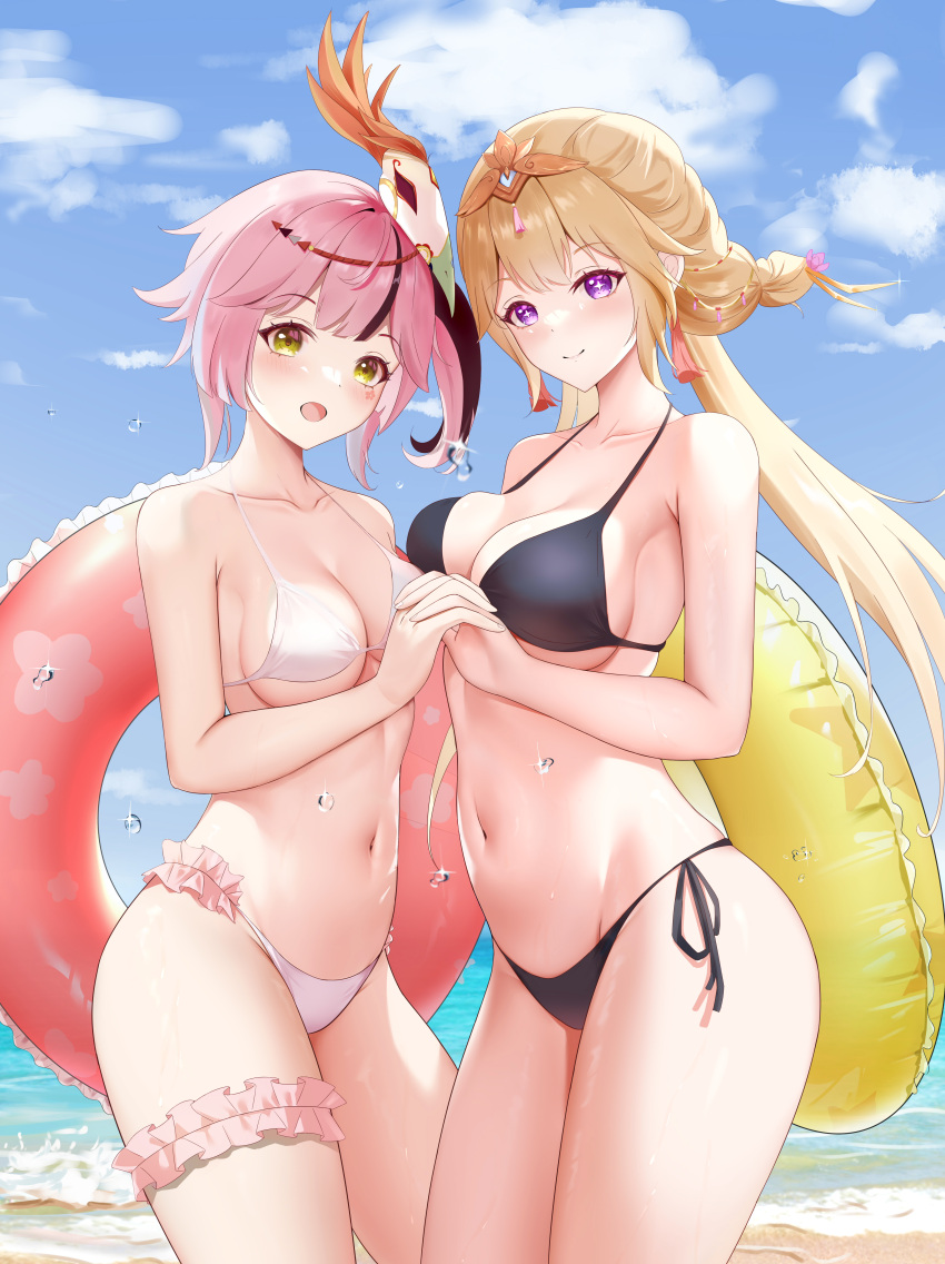 2girls absurdres alternate_costume bare_arms bare_shoulders beach bikini bird_mask black_bikini blonde_hair breasts bridal_garter cleavage closed_mouth commentary_request cowboy_shot day feise_(tower_of_fantasy) frilled_bikini frills green_eyes halterneck highres holding_hands innertube lan_(tower_of_fantasy) large_breasts long_hair looking_at_viewer mask mask_on_head medium_breasts multicolored_hair multiple_girls navel open_mouth outdoors pink_hair purple_eyes side-tie_bikini_bottom side_ponytail skindentation smile standing stomach streaked_hair string_bikini swimsuit tiara tower_of_fantasy twintails wet white_bikini xiatian