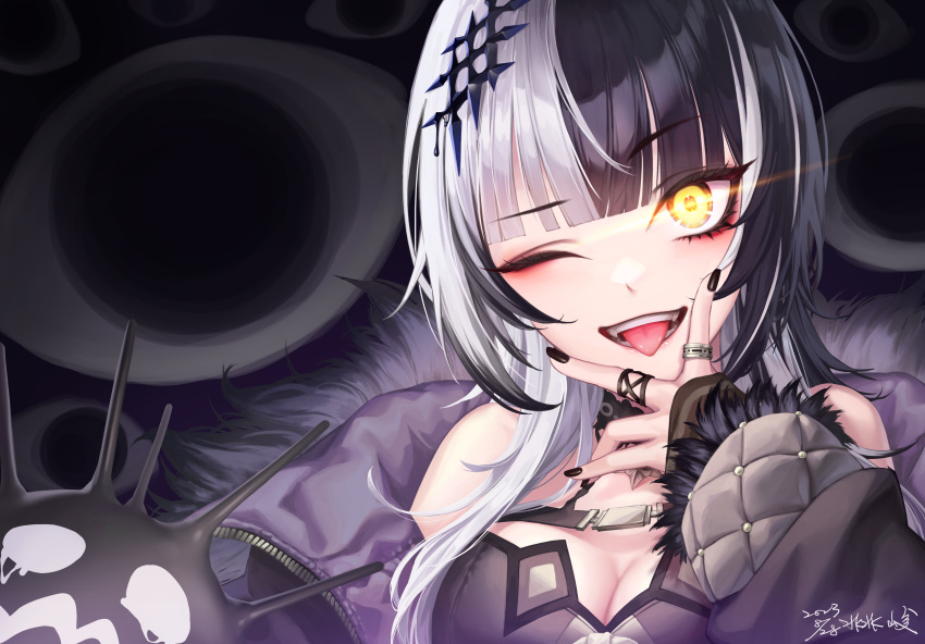 1girl a789gg absurdres black_hair black_nails breasts cleavage fur_trim glowing glowing_eye highres hololive hololive_english jewelry multicolored_hair one_eye_closed ring shiori_novella signature split-color_hair tongue tongue_out virtual_youtuber white_hair yellow_eyes yorick_(shiori_novella)