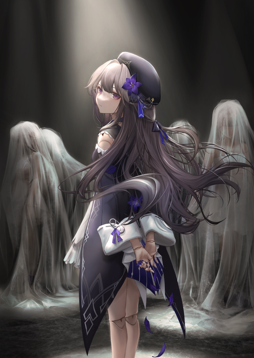 1girl absurdres arms_behind_back beret black_hair closed_mouth doll doll_joints dress flower hair_flower hair_ornament hat herta_(honkai:_star_rail) highres honkai:_star_rail honkai_(series) joints long_hair looking_at_viewer looking_back making-of_available mihaia purple_eyes purple_flower solo spotlight standing very_long_hair