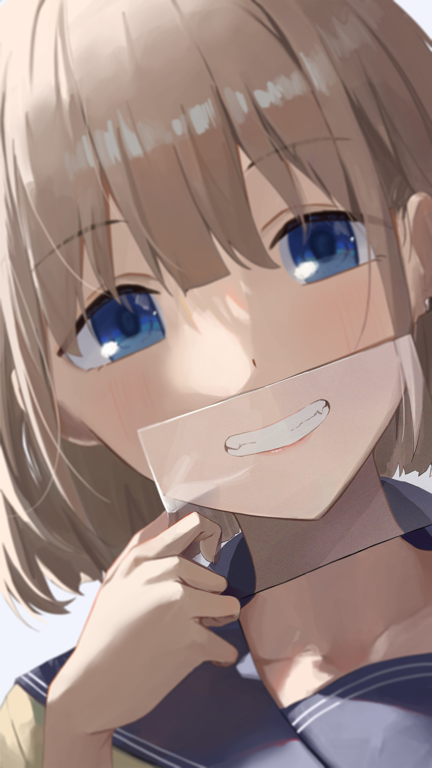 1girl absurdres blue_eyes blush collarbone covered_mouth dutch_angle grey_hair grin highres holding holding_photo idolmaster idolmaster_shiny_colors looking_at_viewer nofakeuk photo_(object) portrait revealing_layer school_uniform serizawa_asahi simple_background smile solo white_background