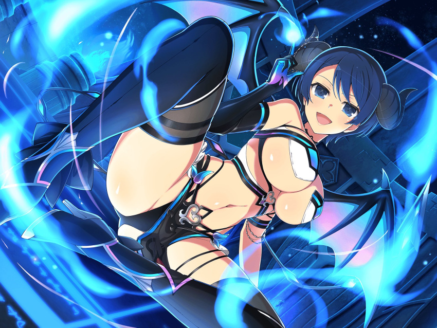 1girl asymmetrical_gloves bare_shoulders bat_wings black_choker black_gloves black_horns black_tail black_thighhighs blue_eyes blue_fire blue_hair blunt_bangs blush bowl_cut brazier breasts choker cleavage curled_horns demon_girl demon_horns demon_tail demon_wings elbow_gloves energy fire gloves groin high_heels highres horns large_breasts linea_alba looking_at_viewer magic_circle mismatched_gloves navel night night_sky official_alternate_costume official_art open_mouth senran_kagura senran_kagura_new_link senran_kagura_shinovi_versus short_hair single_elbow_glove sky smile solo star_(sky) starry_sky tail thigh_strap thighhighs underboob wings yaegashi_nan yozakura_(senran_kagura)