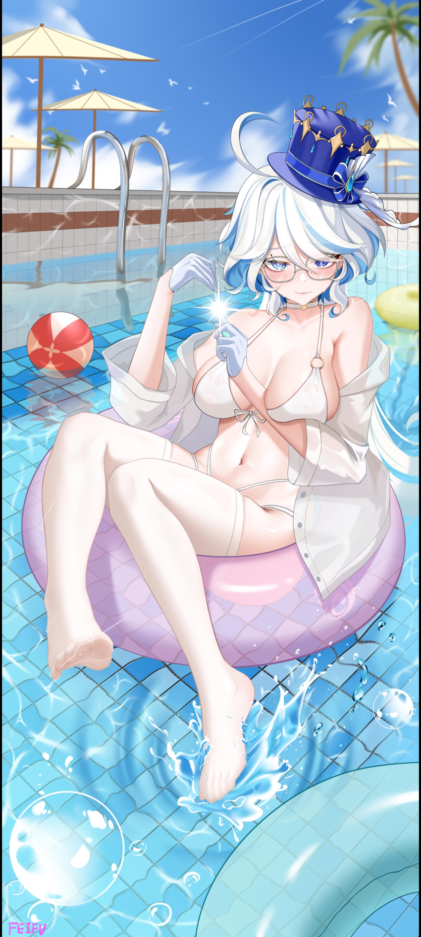 1girl absurdres ahoge ball bare_shoulders beachball bespectacled bikini blue_eyes blue_hair blue_headwear blue_sky breasts bubble choker cloud commentary_request day feet feifu furina_(genshin_impact) genshin_impact glasses gloves hands_up hat highres innertube jewelry legs looking_at_viewer multicolored_hair navel off_shoulder pendant pool shirt sky smile solo stomach streaked_hair swimsuit thighs toes top_hat umbrella water white_bikini white_choker white_gloves white_hair white_shirt