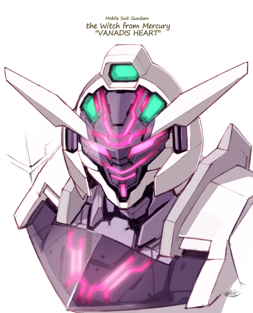 absurdres copyright_name ebikawa_kanetake glowing gundam gundam_lfrith_jiu gundam_suisei_no_majo gundam_suisei_no_majo:_vanadis_heart highres mecha mobile_suit no_humans pink_eyes portrait robot science_fiction signature solo v-fin