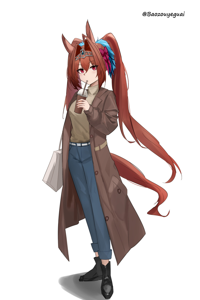 1girl absurdres alternate_costume animal_ears baozouyeguai black_footwear blue_pants brown_coat brown_sweater coat cup daiwa_scarlet_(umamusume) drinking drinking_straw drinking_straw_in_mouth full_body hair_between_eyes highres holding holding_cup horse_ears horse_girl horse_tail long_hair looking_at_viewer pants red_eyes red_hair simple_background solo sweater tail tiara turtleneck turtleneck_sweater twintails twitter_username umamusume white_background white_bag