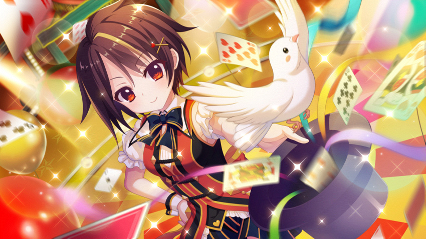 1girl balloon bandou_mikuru bird black_bow blonde_hair blurry blurry_foreground bow breasts brown_hair card dot_nose dove dutch_angle film_grain game_cg hair_ornament hairclip hand_on_own_hip hat izumi_tsubasu looking_at_viewer magician medium_breasts multicolored_hair non-web_source official_art playing_card puffy_short_sleeves puffy_sleeves re:stage! red_eyes short_hair short_sleeves smile solo stage streaked_hair streamers top_hat two-tone_hair white_wrist_cuffs