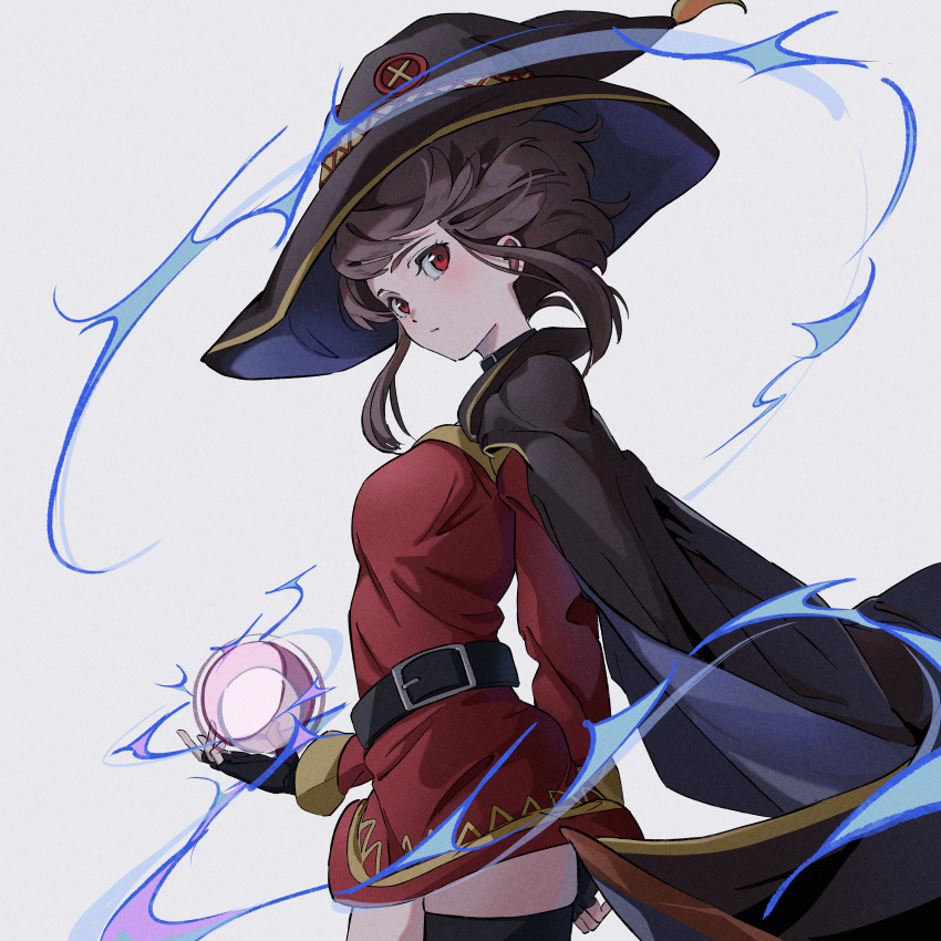 1girl absurdres belt black_belt black_cape black_choker black_gloves black_thighhighs blue_background breasts cape choker closed_mouth cowboy_shot dress fingerless_gloves gloves hat highres kono_subarashii_sekai_ni_shukufuku_wo! looking_at_viewer looking_to_the_side magic medium_breasts megumin natsume_hinako red_dress red_eyes short_hair_with_long_locks simple_background single_thighhigh solo thighhighs witch_hat zettai_ryouiki