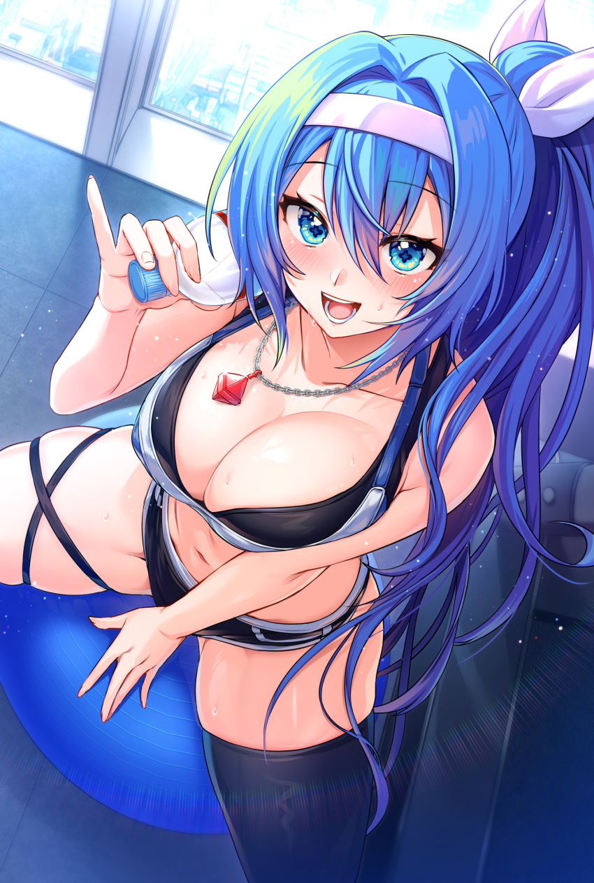 1girl alyssa_(specktech) ball blue_eyes blue_hair blush bottle breasts cleavage commission exercise_ball feet_out_of_frame hairband highres holding holding_bottle indoors jewelry large_breasts long_hair necklace open_mouth original ponytail single_thighhigh sitting_on_ball skeb_commission skindentation solo sports_bra spread_legs symbol-shaped_pupils thigh_strap thighhighs wada_chiyon water_bottle
