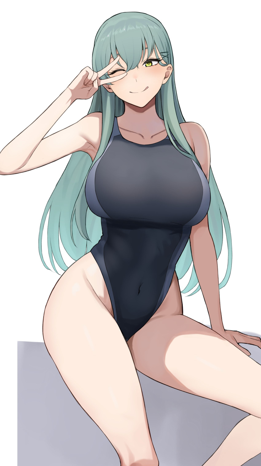 1girl :q absurdres blue_hair breasts collarbone competition_swimsuit covered_navel green_eyes hair_ornament hairclip highleg highleg_swimsuit highres kantai_collection large_breasts long_hair looking_at_viewer one-piece_swimsuit one_eye_closed simple_background solo suzuya_(kancolle) swimsuit takaman_(gaffe) tongue tongue_out two-tone_background v v_over_eye