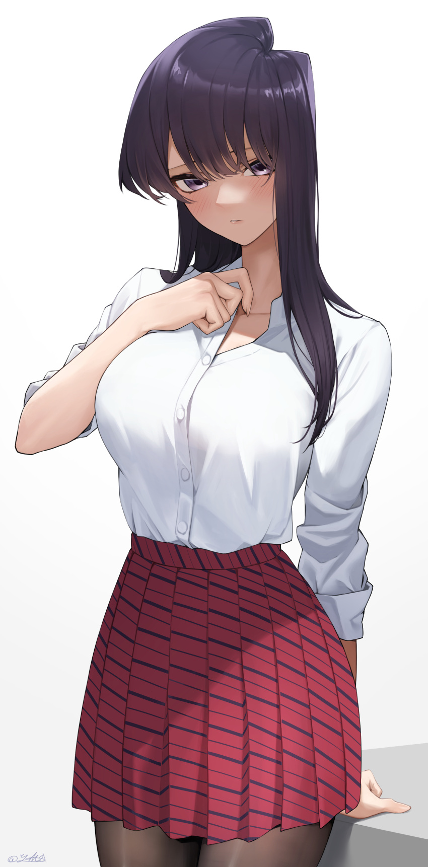 1girl absurdres arm_support black_pantyhose blush breasts collarbone collared_shirt cowboy_shot diagonal-striped_skirt highres komi-san_wa_komyushou_desu komi_shouko large_breasts light_blush long_hair looking_at_viewer pantyhose parted_lips pleated_skirt purple_eyes purple_hair red_skirt shirt shirt_tucked_in signature simple_background skirt solo standing striped striped_skirt tented_shirt white_background white_shirt yuhi_(yuhi_atb26)