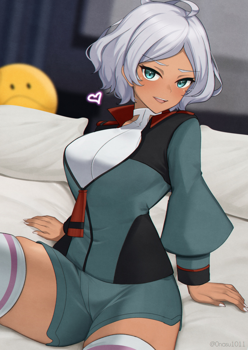 1girl :d absurdres ahoge ball bed blurry blurry_background breasts dark-skinned_female dark_skin green_eyes green_jacket gundam gundam_suisei_no_majo heart highres jacket large_breasts leaning_back looking_at_viewer nassss on_bed open_mouth pillow secelia_dote short_hair short_shorts shorts sitting smile solo thighhighs thighs uniform white_hair white_thighhighs