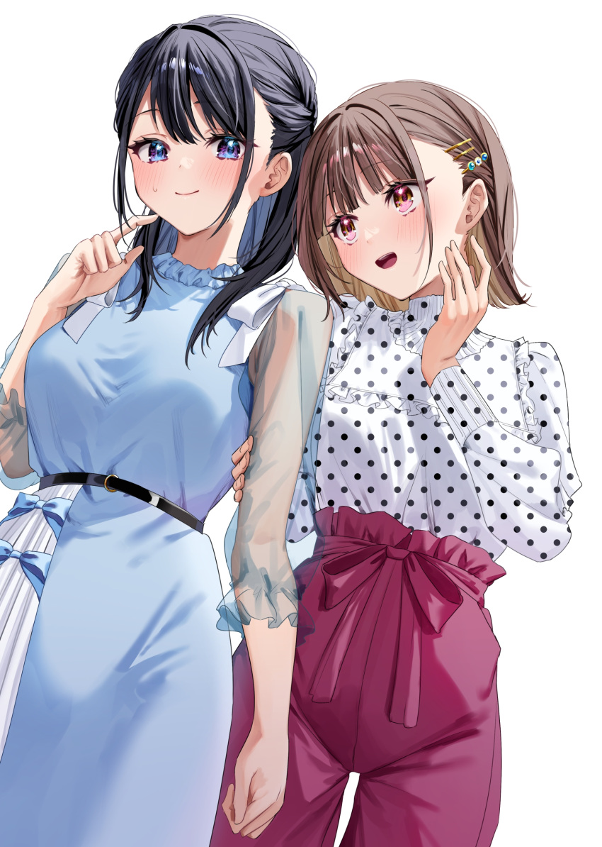 2girls absurdres belt black_belt black_hair blue_dress blue_eyes blush breasts brown_hair chigusa_minori closed_mouth cover cover_image cowboy_shot dress frilled_shirt frills hair_ornament hair_twirling hairclip half_updo hand_up highres holding_another's_arm large_breasts long_sleeves looking_at_another looking_at_viewer medium_hair multicolored_eyes multiple_girls novel_illustration official_art open_mouth pants pink_eyes polka_dot polka_dot_shirt purple_eyes purple_pants see-through see-through_sleeves senguu_suzune shirt short_hair shoutsuki_karin sidelocks simple_background small_breasts smile sweatdrop teeth textless_version turtleneck upper_body upper_teeth_only watashi_no_yuri_mo_eigyouda_to_omotta? white_background white_shirt yellow_eyes yuri
