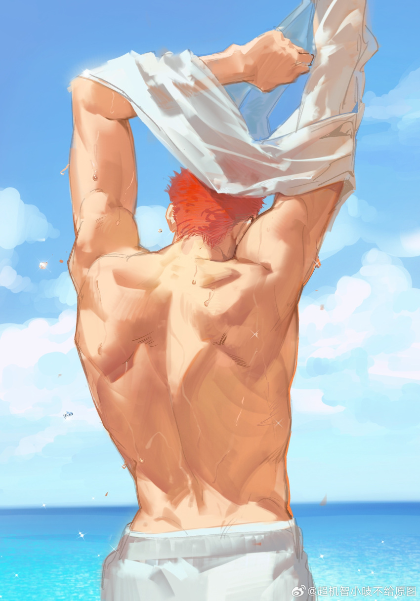 1boy arm_up artist_request back back_focus bara character_request cowboy_shot from_behind highres male_focus orange_hair pants shirt short_hair slam_dunk_(series) solo sparkling_sweat undressing wet wet_clothes wet_shirt