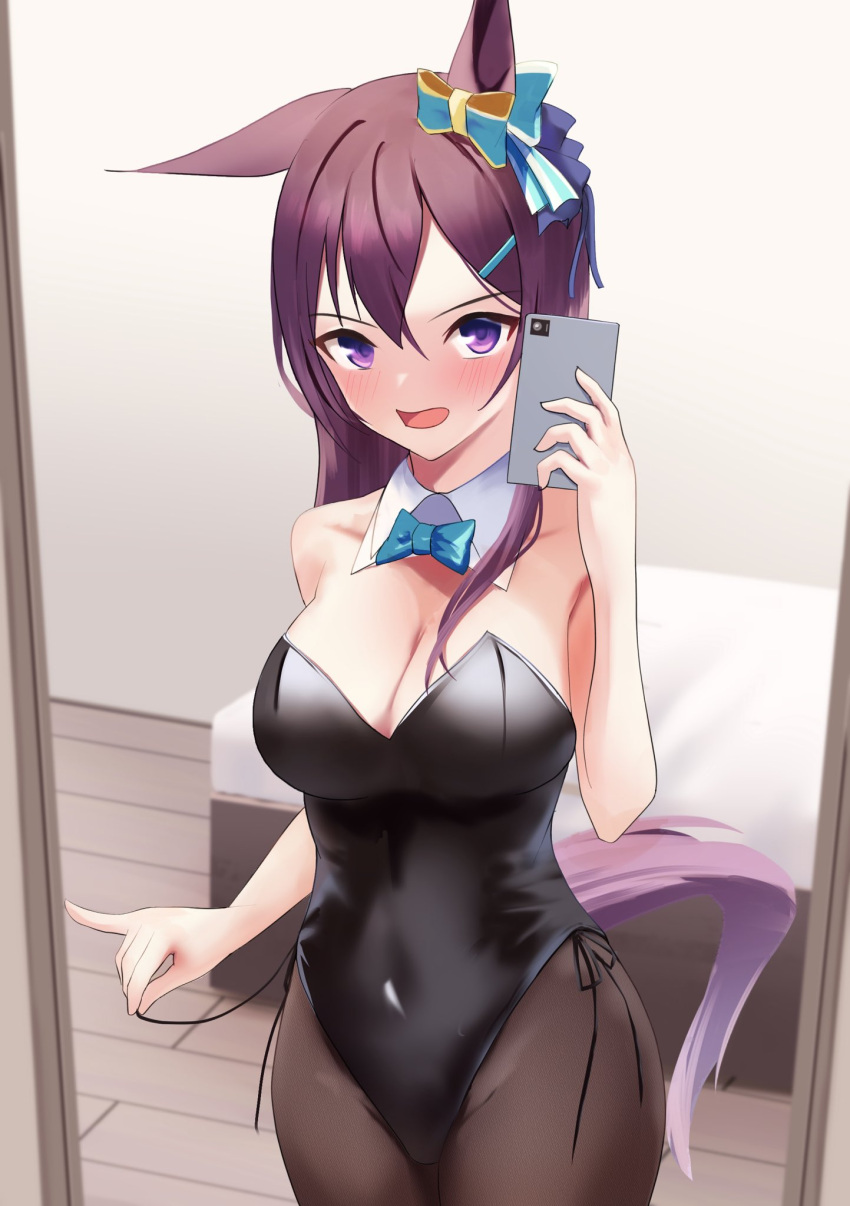1girl alternate_costume animal_ears blush breasts bunny_day cellphone cleavage collarbone commentary_request hair_between_eyes hair_ornament hairclip highres horse_ears horse_tail looking_at_viewer medium_breasts mejiro_dober_(umamusume) mesotto mirror navel pantyhose phone selfie solo string tail umamusume