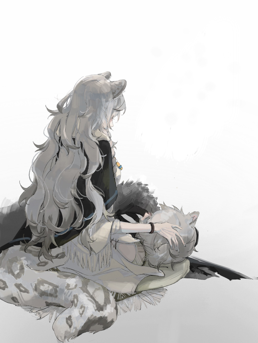 1girl animal_ears arknights black_cape bracelet cape dress from_behind grey_hair hatsumi0515 highres jewelry leopard_ears leopard_girl leopard_tail long_hair pramanix_(arknights) simple_background sitting solo tail very_long_hair white_background white_dress