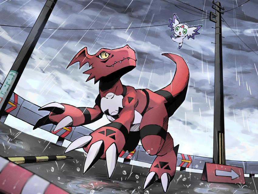 2others culumon digimon digimon_(creature) digital_hazard grey_sky guilmon highres looking_at_another multiple_others nagoshi no_humans outdoors power_lines rain sky tail utility_pole