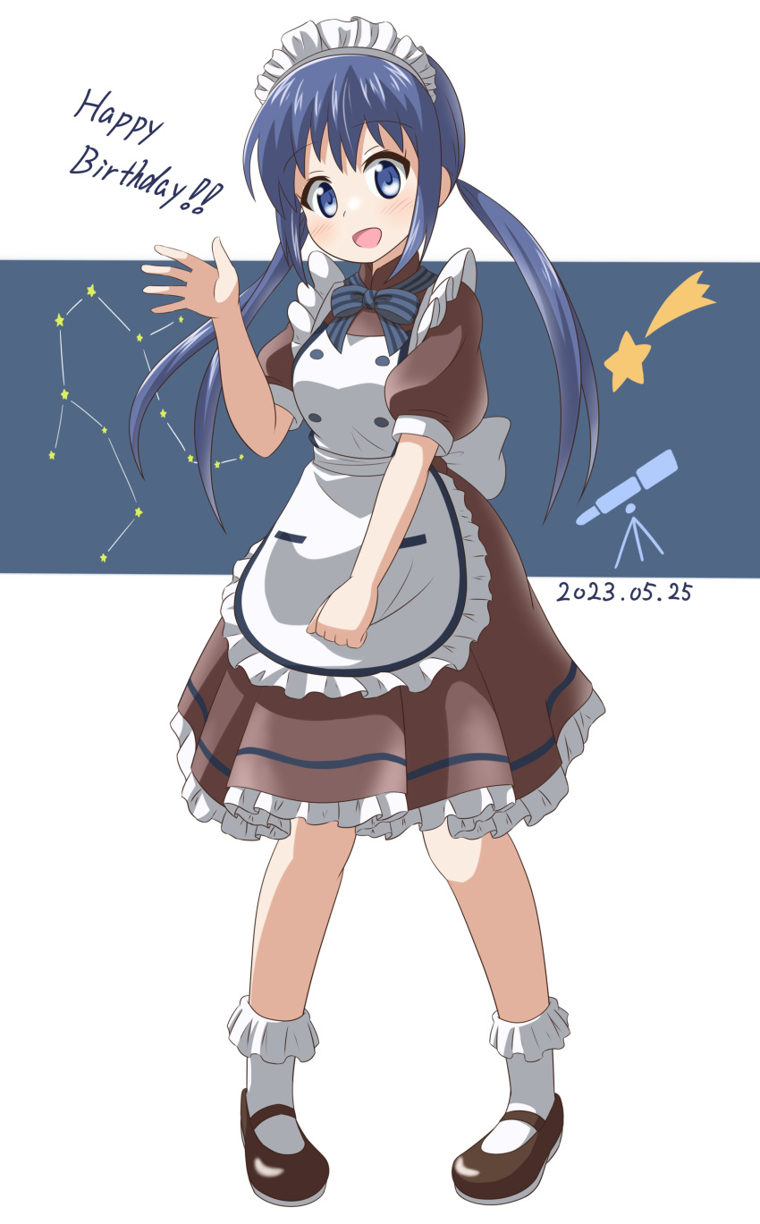 1girl 2023 absurdres alternate_costume apron birthday blue_eyes blue_hair blush bow constellation dated dot_nose eabo19tw english_text happy_birthday highres koisuru_asteroid long_hair looking_at_viewer maid maid_apron maid_headdress manaka_ao open_mouth shoes simple_background socks solo standing star_(symbol) telescope waving white_background