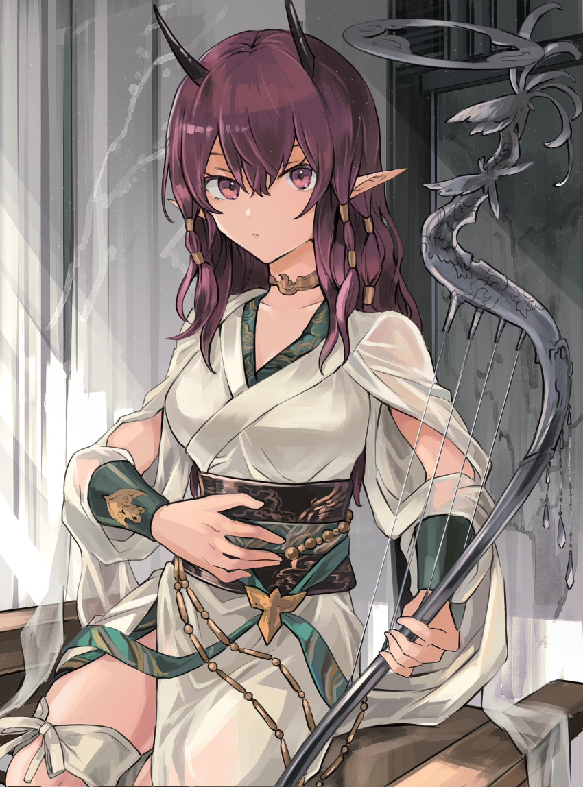 1girl ambience_synesthesia arknights arm_cutout bench breasts clothing_request collar commentary demon_girl demon_horns hair_tubes hand_on_own_stomach harp highres holding holding_instrument horns indoors instrument japanese_clothes kimono lava_(arknights) lava_the_purgatory_(arknights) leg_ribbon light_frown looking_at_viewer medium_breasts noshima obi pointy_ears purple_eyes purple_hair ribbon sash simple_background sitting solo thigh_ribbon white_background white_kimono white_ribbon