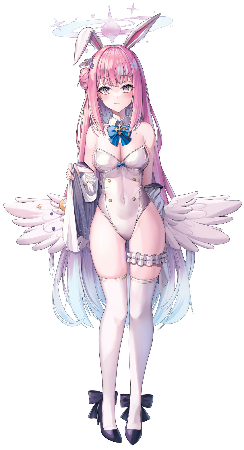 1girl absurdres alter_(kxk7357) alternate_costume angel_wings animal_ears black_footwear blue_archive blue_bow blue_bowtie blue_hair blush bow bowtie breasts bridal_garter cleavage closed_mouth commentary detached_collar eyelashes fake_animal_ears feathered_wings full_body gradient_hair hair_bun hair_ornament halo high_heels highres jacket jacket_partially_removed leotard long_hair looking_at_viewer low_wings medium_breasts mika_(blue_archive) multicolored_hair pink_hair pink_halo playboy_bunny pumps rabbit_ears simple_background single_side_bun smile solo standing strapless strapless_leotard thighhighs very_long_hair white_background white_jacket white_leotard white_thighhighs white_wings wing_ornament wings yellow_eyes