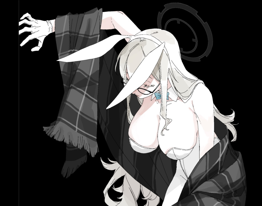 1girl akane_(blue_archive) akane_(bunny)_(blue_archive) animal_ears arm_up black_background blue_archive bow bowtie breasts cleavage closed_eyes closed_mouth detached_collar eyelashes fake_animal_ears glasses gloves grey_hair halo highres kawatiw large_breasts leotard long_hair long_sleeves pantyhose plaid plaid_shawl playboy_bunny rabbit_ears shawl simple_background solo white_gloves white_leotard white_pantyhose