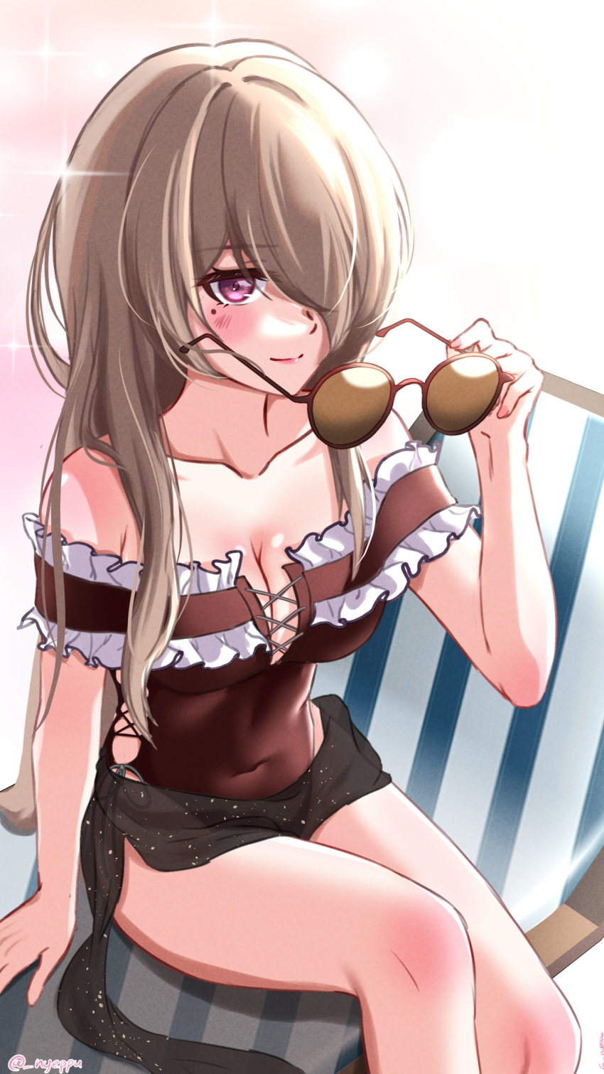 1girl absurdres arm_support bare_shoulders blush breasts brown-tinted_eyewear brown_hair brown_one-piece_swimsuit chair cleavage closed_mouth collarbone commentary english_commentary frilled_one-piece_swimsuit frills hair_over_one_eye hand_up highres holding holding_eyewear honkai_(series) honkai_impact_3rd lounge_chair medium_breasts mole mole_under_eye nyeppu on_chair one-piece_swimsuit purple_eyes red-framed_eyewear rita_rossweisse smile solo sunglasses swimsuit tinted_eyewear