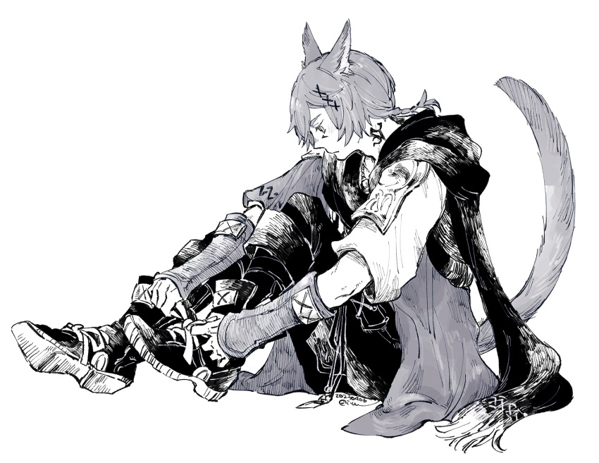 1boy animal_ears black_footwear black_pants black_scarf boots braid braided_ponytail cat_boy cat_ears cat_tail commentary dated elbow_gloves facial_mark final_fantasy final_fantasy_xiv fingerless_gloves from_side full_body g'raha_tia gloves greyscale hair_ornament highres itowff14 jacket knee_boots knees_up low_ponytail male_focus miqo'te monochrome neck_tattoo pants profile scarf shirt short_hair short_ponytail signature simple_background single_braid solo swept_bangs tail tail_raised tattoo tying_footwear white_background white_shirt x_hair_ornament