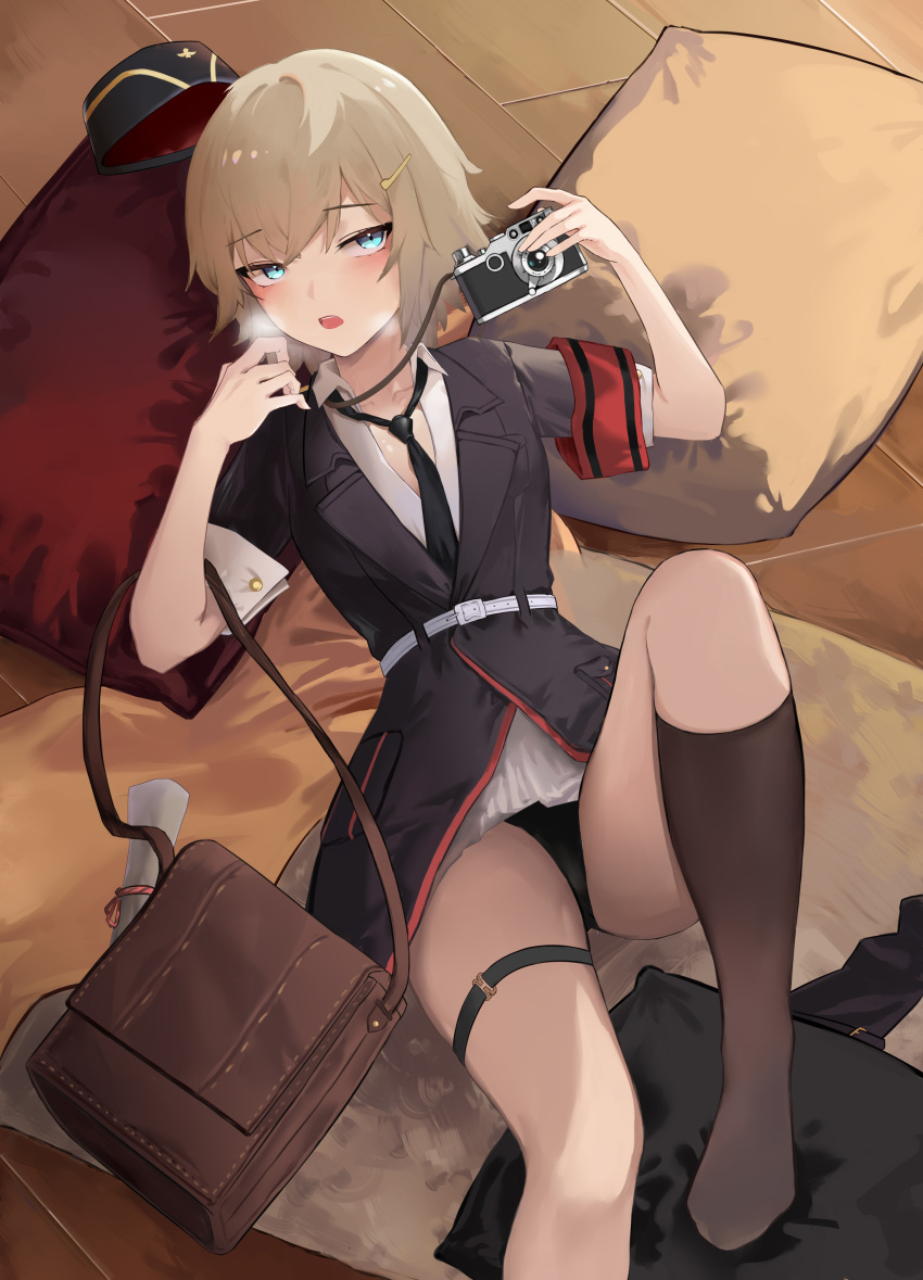 absurdres bag black_panties black_socks camera camera_around_neck collared_shirt commission foot_out_of_frame garrison_cap girls'_frontline hat highres holding holding_camera knee_up legs lying military military_hat military_uniform mp41_(girls'_frontline) necktie no_shoes panties pantyshot pillow pixiv_commission red_armband satchel shirt short_hair socks underwear uniform white_shirt xiaobei