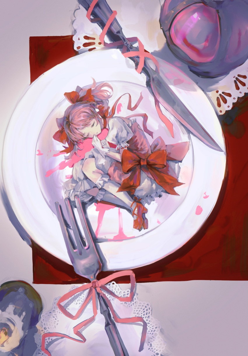 1girl blood blood_splatter bow bow_choker bubble_skirt chinese_commentary choker closed_eyes commentary_request curled_up dress dress_bow expressionless fengyeuwubian fork frilled_dress frilled_sleeves frills from_above full_body gloves hair_bow highres kaname_madoka kneehighs knife lying magical_girl mahou_shoujo_madoka_magica mahou_shoujo_madoka_magica_(anime) mini_person minigirl on_plate on_side pink_blood pink_dress pink_hair pink_ribbon plate puffy_short_sleeves puffy_sleeves red_choker red_footwear ribbon shoes short_hair short_sleeves short_twintails skirt socks solo soul_gem stylized_blood twintails white_gloves white_skirt white_socks