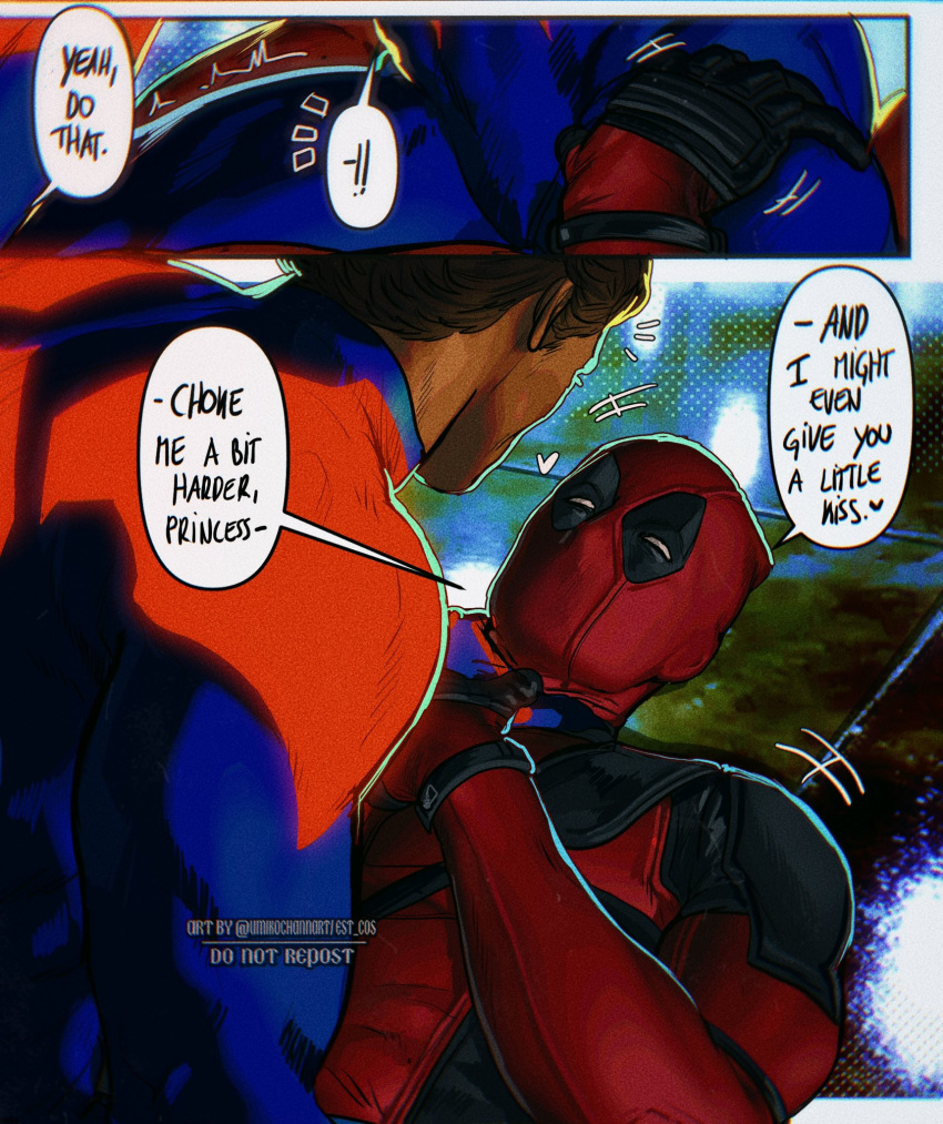 2boys artist_name blurry blurry_background brown_hair deadpool english_text formal heart highres implied_yaoi male_focus manly marvel mature_male miguel_o'hara multiple_boys muscular muscular_male neon_lights short_hair signature spandex speech_bubble spider-man:_across_the_spider-verse spider-man_(2099) spider-man_(series) suit tight_clothes toned umikochannart