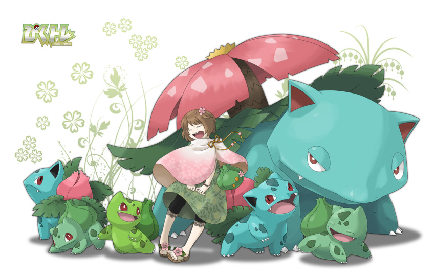 1girl alternate_color bead_bracelet beads black_shorts bracelet bright_pupils brown_eyes brown_hair bulbasaur claws closed_eyes ditb dress evolutionary_line fangs flower footwear_flower green_bag green_dress hair_flower hair_ornament happy ivysaur jewelry open_mouth orange_ribbon original pink_flower pink_shawl pixiv_trainer pokemon red_eyes ribbon sandals shawl shiny_pokemon short_hair shorts shorts_under_dress teeth upper_teeth_only venusaur white_background white_pupils