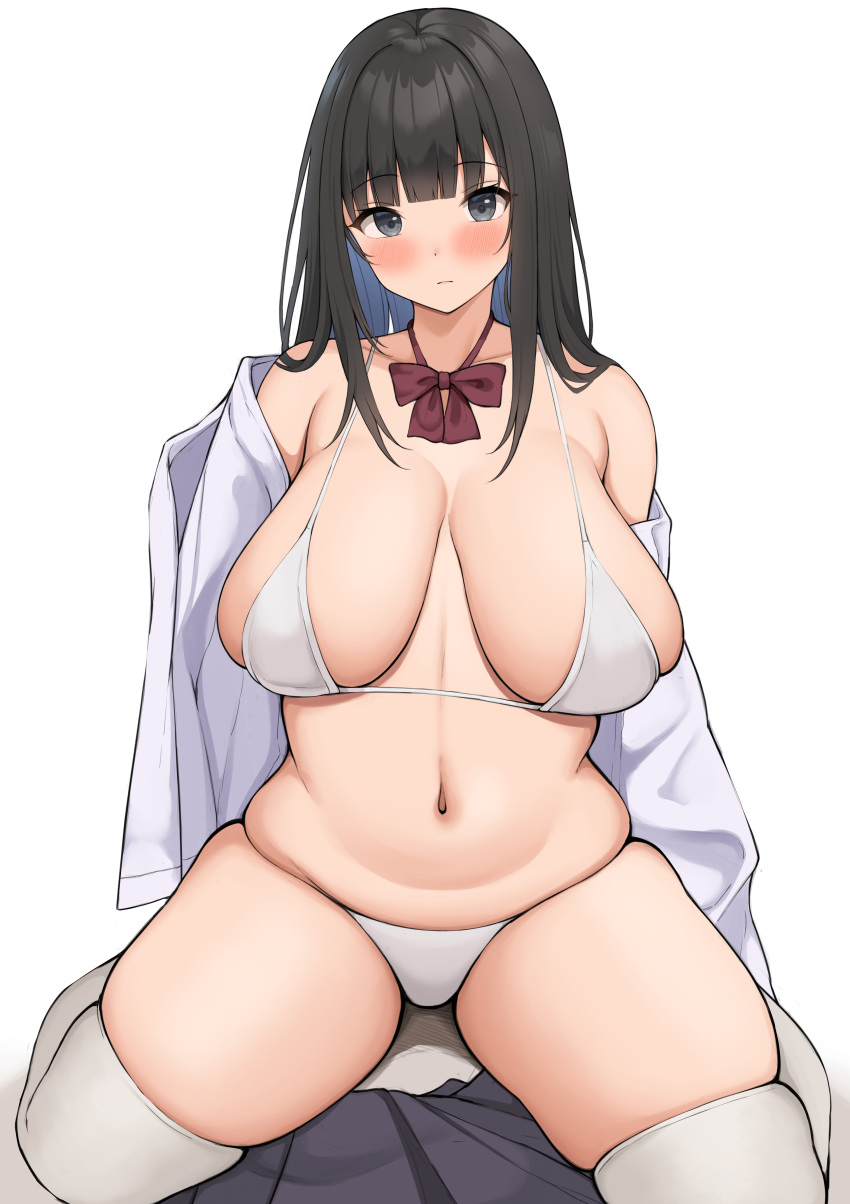 1girl absurdres black_eyes black_hair black_skirt blue_hair bra breasts closed_mouth collarbone highres large_breasts long_hair navel neneneji open_clothes open_shirt original panties pleated_skirt plump sagging_breasts school_uniform shirt simple_background skirt skirt_removed solo stomach thick_thighs thighhighs thighs underwear uniform white_background white_bra white_panties white_shirt white_thighhighs