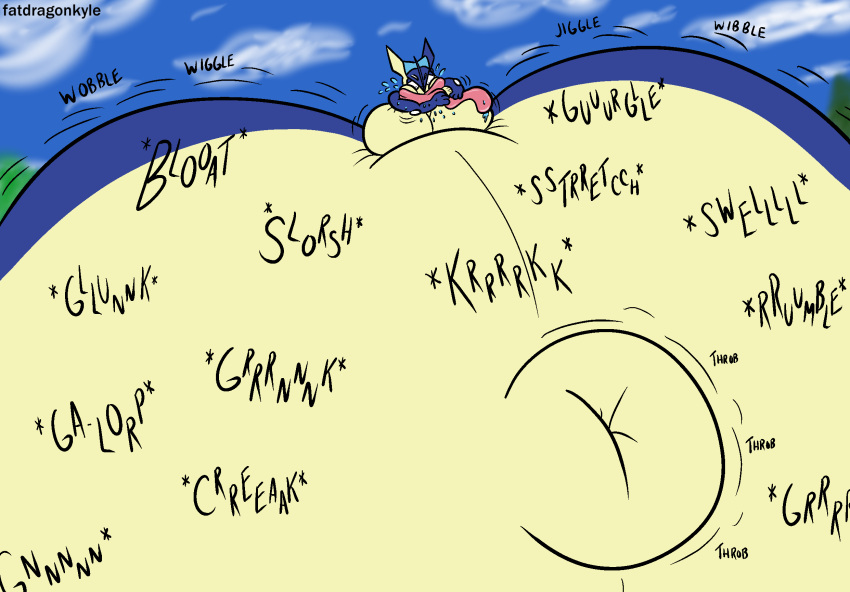 anthro belly big_belly bloated blue_body cloudscape forest generation_6_pokemon greninja hi_res hyper hyper_belly hyper_inflation hyper_navel hyper_outie immobile inflation_fetish liquid_inflation long_tongue male moobs nintendo panicking plant pokemon pokemon_(species) rumbling_stomach sky sloshing_belly solo swelling tan_body thatdragonkyle tongue tongue_stuck tree water_inflation worried