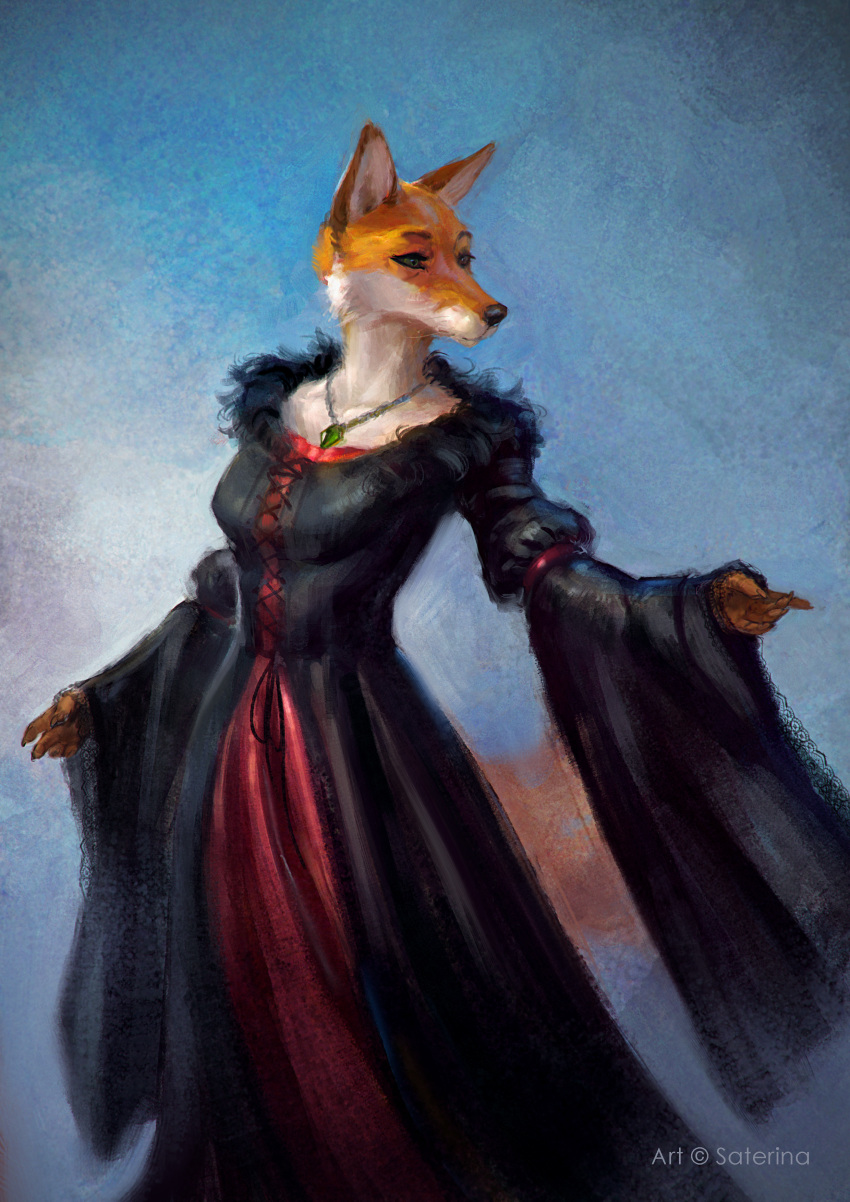 absurd_res anthro canid canine elegant emerald_(gem) female fox gem gown green_eyes hi_res magic_user mammal medieval medieval_clothing pendant portrait saterina silva_vernalis sketch solo witch witchcraft