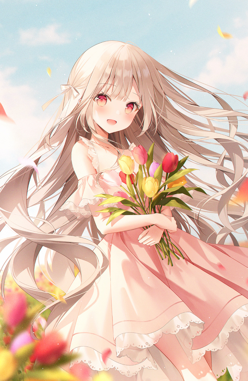 1girl :d blue_sky blush breasts cleavage cloud day dress falling_petals feet_out_of_frame floating_hair flower frilled_dress frills grey_hair highres holding holding_flower long_bangs long_hair looking_at_viewer object_hug off-shoulder_dress off_shoulder open_mouth original outdoors petals pink_flower pink_tulip raised_eyebrows red_eyes red_flower red_tulip sidelocks sky small_breasts smile solo tulip weri white_dress yellow_flower yellow_tulip