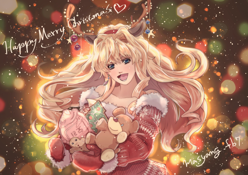 1girl antlers artist_name bare_shoulders blonde_hair blue_eyes blush breasts christmas christmas_sweater collarbone earrings floating_hair food gingerbread_man hairband head_tilt heart highres holding jewelry lens_flare long_hair looking_at_viewer macross macross_frontier medium_breasts merry_christmas off-shoulder_sweater off_shoulder red_hairband red_mittens ryu_(masu_nantoka-san) sheryl_nome single_earring solo stuffed_animal stuffed_toy sweater taiyaki teddy_bear very_long_hair wagashi