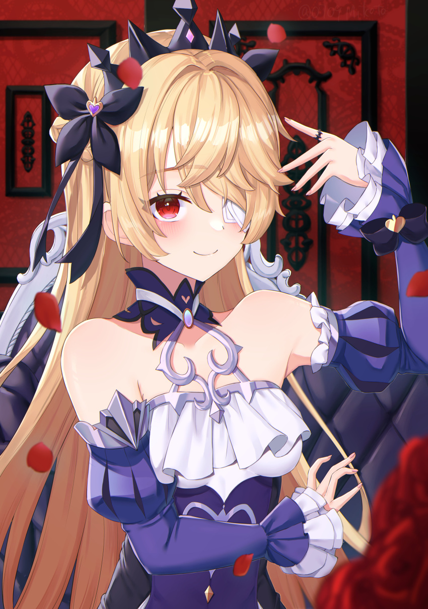 1girl absurdres alternate_eye_color bare_shoulders blonde_hair blush breasts choker chuunibyou detached_sleeves dress eyepatch fischl_(ein_immernachtstraum)_(genshin_impact) fischl_(genshin_impact) frills gem genshin_impact hair_over_one_eye hair_ribbon highres jewelry long_hair long_sleeves looking_at_viewer official_alternate_costume official_alternate_eye_color purple_choker purple_dress purple_gemstone purple_ribbon purple_sleeves red_eyes ribbon single_leg_pantyhose smile solo thighhighs tiara user_rvrm5383