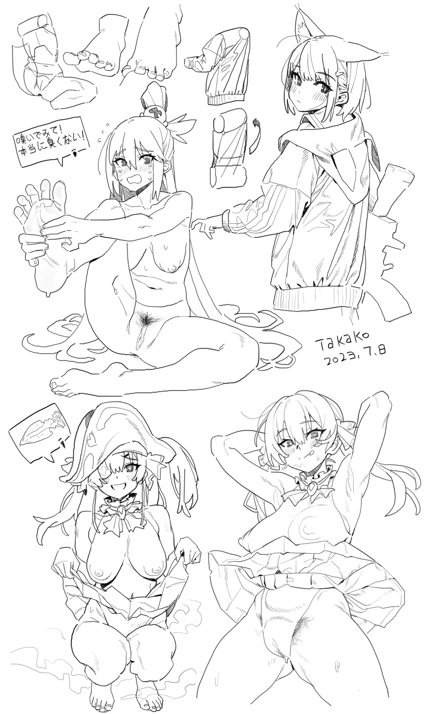 3girls absurdres animal_ear_fluff animal_ears aqua_(konosuba) armpits arms_up artist_name barefoot blue_archive blush breasts choker clothes_lift covered_nipples cropped_legs cyjalway dated eyelashes eyepatch feet feet_out_of_frame female_pubic_hair foot_up frilled_choker frills from_behind full_body greyscale gun hair_between_eyes hair_ornament hat heart heart-shaped_pupils highres holding holding_gun holding_weapon hololive hood hooded_jacket houshou_marine jacket kazusa_(blue_archive) knee_up kono_subarashii_sekai_ni_shukufuku_wo! large_areolae large_breasts leotard licking_lips lifted_by_self long_hair long_sleeves looking_at_viewer looking_back medium_breasts miniskirt monochrome multiple_girls multiple_views navel nude pirate_hat pleated_skirt pubic_hair puffy_nipples pussy sagging_breasts simple_background sitting sketch skirt skirt_lift soles spread_toes squatting steaming_body sweatdrop symbol-shaped_pupils toenails toes tongue tongue_out translation_request twintails virtual_youtuber weapon