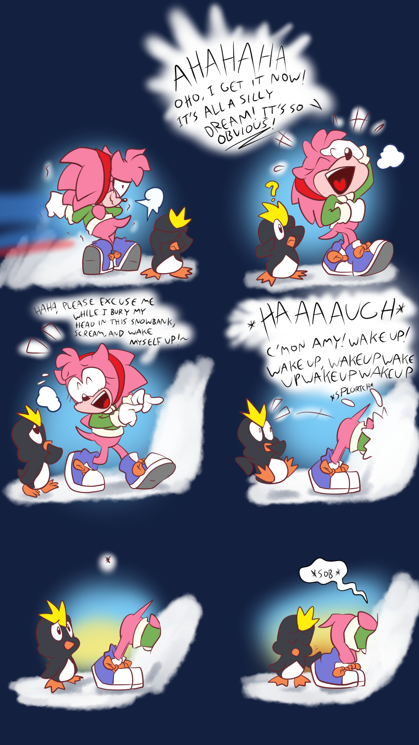 4k 9:16 absurd_res amy_rose anthro avian bird blehmaster7 bottomless burying_face classic_amy_rose classic_sonic classic_sonic_(universe) clothed clothing coat comic duo english_text eulipotyphlan featureless_crotch female fur gloves handwear hedgehog hi_res laugh mammal mortified pecky_(sonic) penguin pink_body pink_fur sega sonic_the_hedgehog sonic_the_hedgehog_(series) speed_lines text topwear wavy_mouth white_clothing white_gloves white_handwear